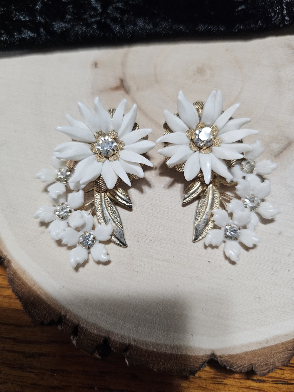 Mastermind Japan White Floral Crystal Drop Earrings with Gold-Tone Leaves
